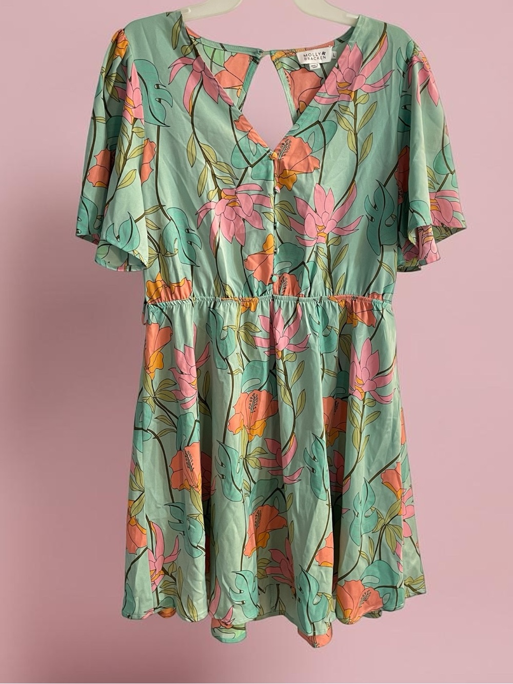 Molly Bracken Tropical Floral Dress Large Mint Pink Cutout Back Polyester